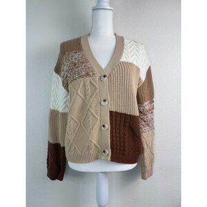 Dear John women's small brown patchwork chunky knit cardigan sweater cottagecore